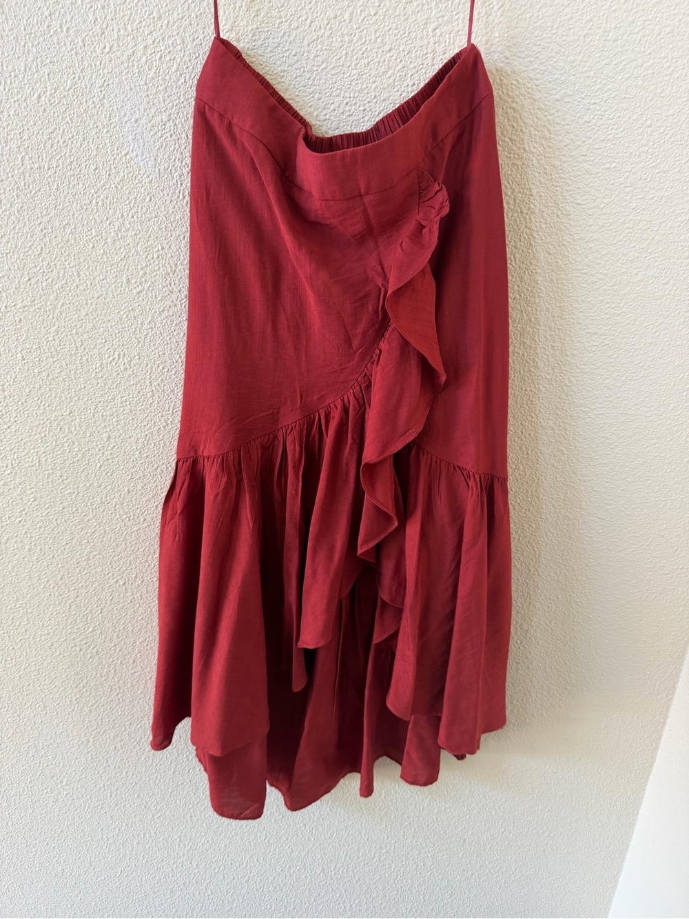 High-Low Ruffle Midi Skirt in Deep Red